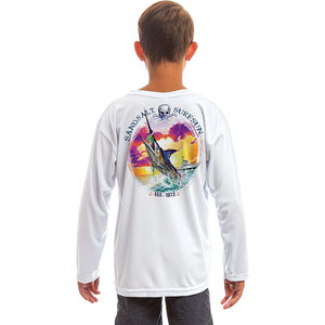 SAND.SALT.SURF.SUN Marlin Flag Youth UPF 50+ UV Sun Protection Performance Long Sleeve T-Shirt