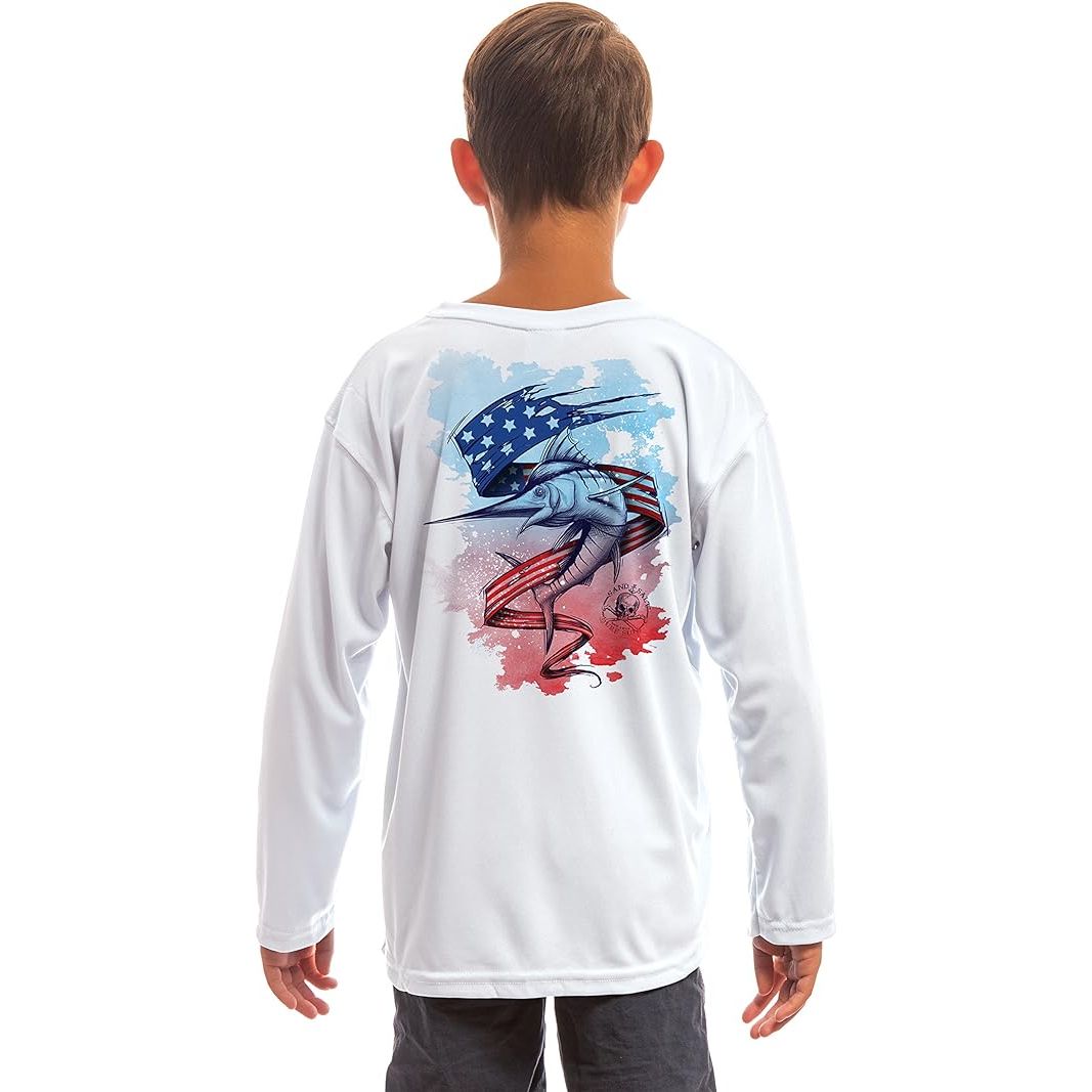 SAND.SALT.SURF.SUN Marlin Flag Youth UPF 50+ UV Sun Protection Performance Long Sleeve T-Shirt X-Large / White