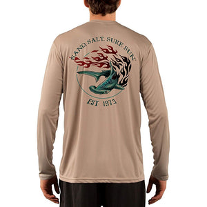 SAND.SALT.SURF.SUN. Flaming Shark Men's UPF 50+ UV Sun Protection Performance Long Sleeve T-Shirt