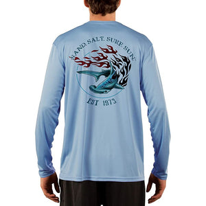 SAND.SALT.SURF.SUN. Flaming Shark Men's UPF 50+ UV Sun Protection Performance Long Sleeve T-Shirt