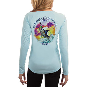SAND.SALT.SURF.SUN. Blue Marlin Sunset Women's UPF 50+ UV Sun Protection Performance Long Sleeve T-Shirt