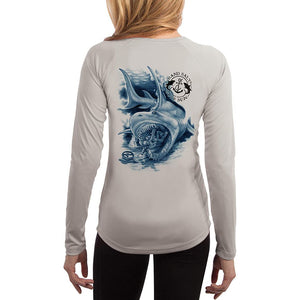 SAND.SALT.SURF.SUN. Shark Diver Attack Women's UPF 50+ UV Sun Protection Performance Long Sleeve T-Shirt