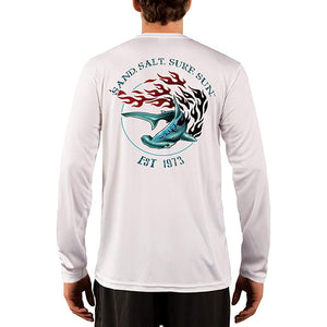 SAND.SALT.SURF.SUN. Flaming Shark Men's UPF 50+ UV Sun Protection Performance Long Sleeve T-Shirt