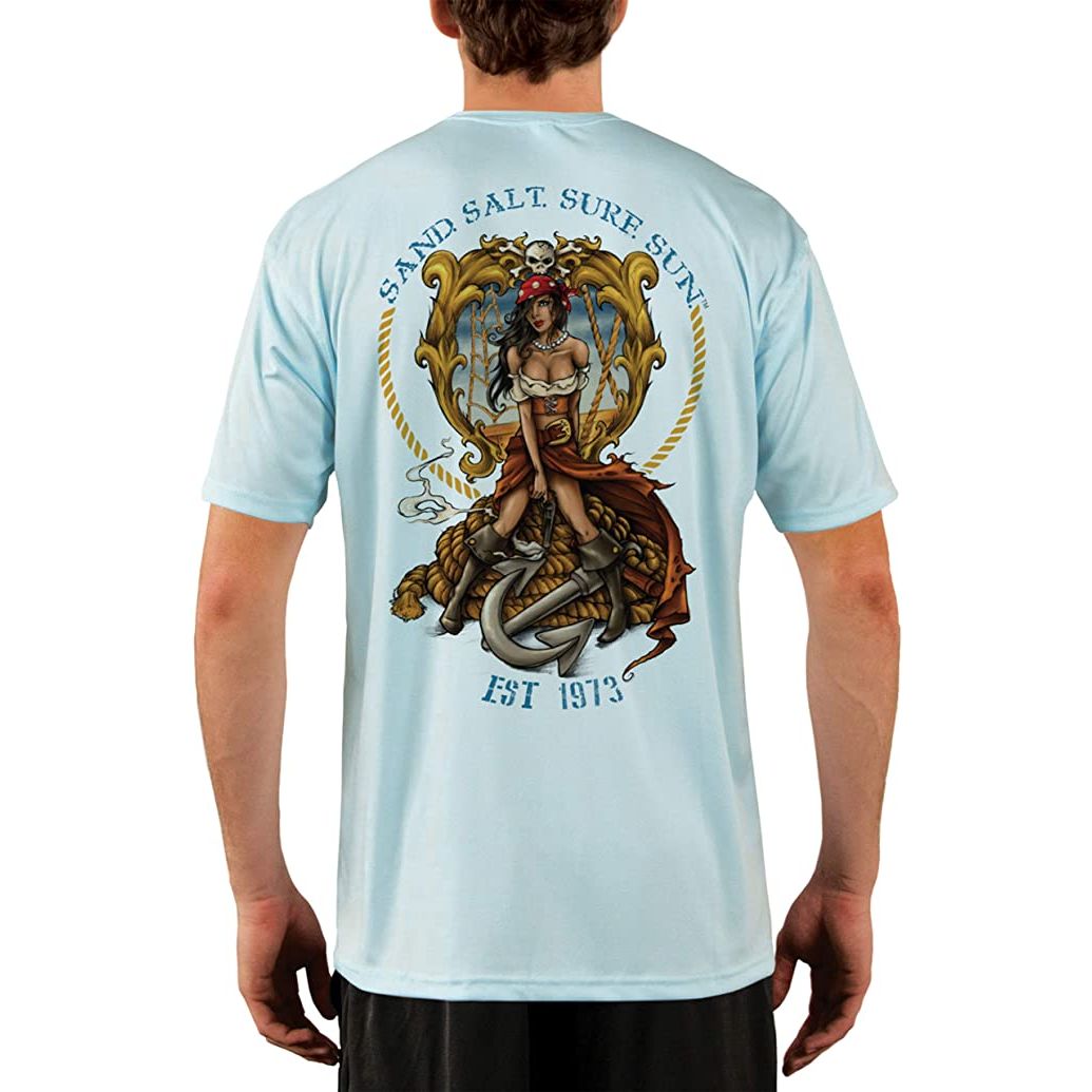 SAND.SALT.SURF.SUN. Pirate Girl Anchor Men s UPF 50 UV Sun Protection Performance Short Sleeve T Shirt X Large White