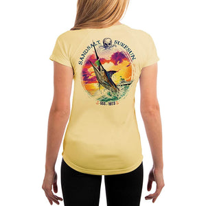 SAND.SALT.SURF.SUN. Blue Marlin Sunset Women's UPF 50+ UV Sun Protection Performance Short Sleeve T-Shirt