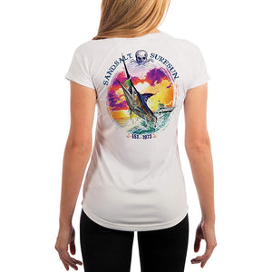 SAND.SALT.SURF.SUN. Blue Marlin Sunset Women's UPF 50+ UV Sun Protection Performance Short Sleeve T-Shirt