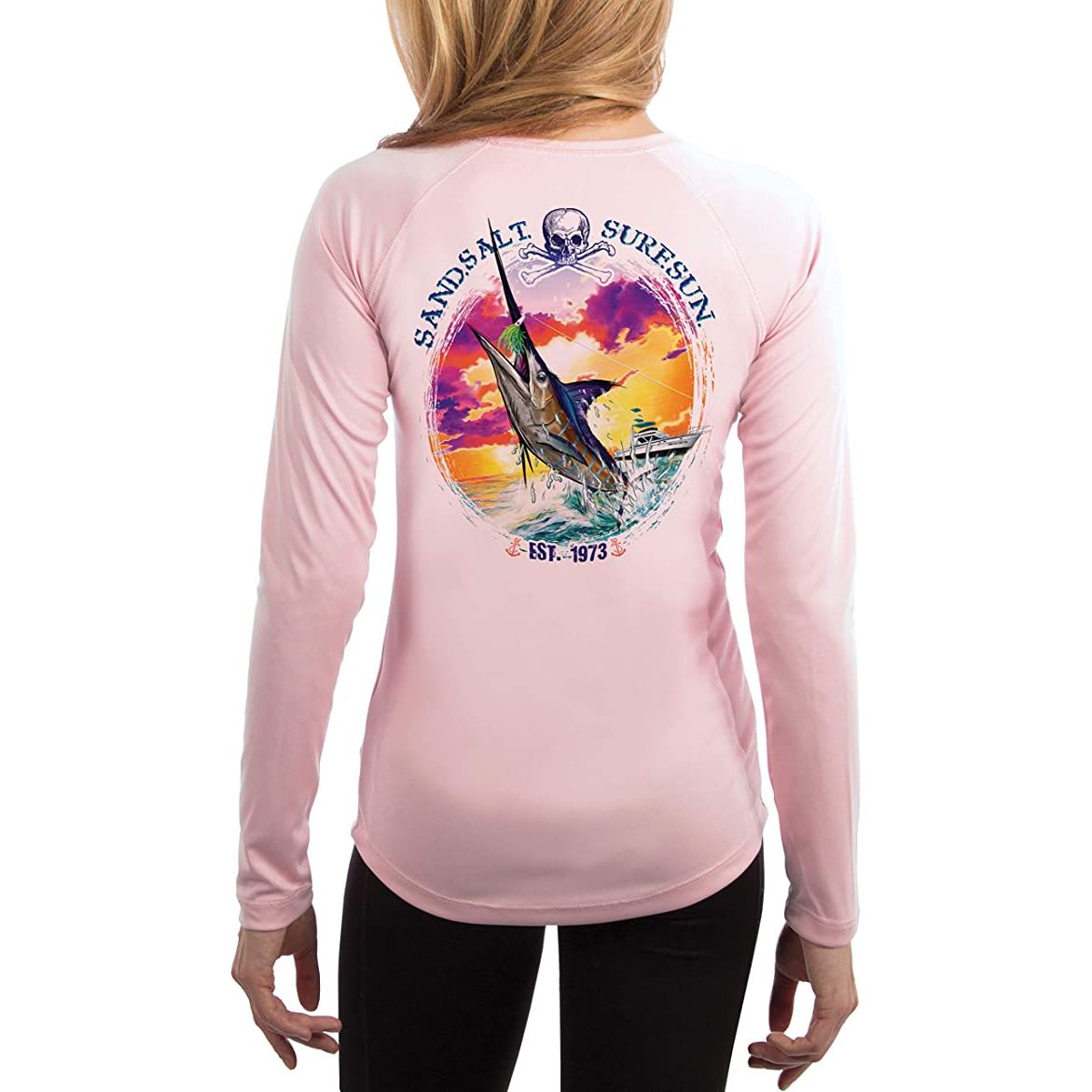 SAND.SALT.SURF.SUN. Blue Marlin Sunset Women's UPF 50+ UV Sun Protection Performance Long Sleeve T-Shirt Small / Light Pink