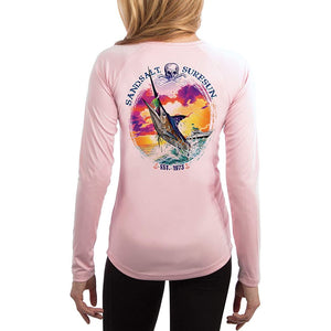 SAND.SALT.SURF.SUN. Blue Marlin Sunset Women's UPF 50+ UV Sun Protection Performance Long Sleeve T-Shirt