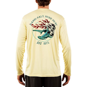 SAND.SALT.SURF.SUN. Flaming Shark Men's UPF 50+ UV Sun Protection Performance Long Sleeve T-Shirt