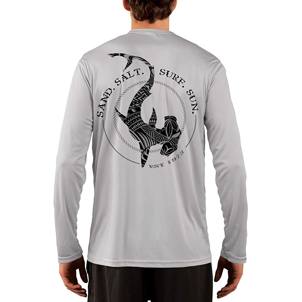 SAND.SALT.SURF.SUN. Polynesian Hammerhead Tribal Men's UPF 50+ UV Sun Protection Performance Long Sleeve T-Shirt Small / Pearl Grey