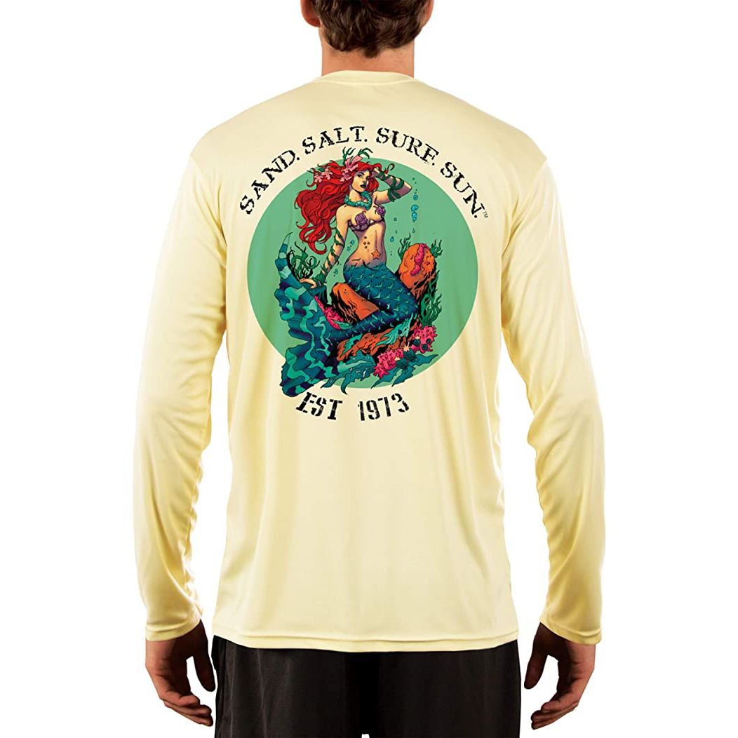 SAND.SALT.SURF.SUN. Redhead Mermaid Men's UPF 50+ UV Sun Protection Performance Long Sleeve T-Shirt Small / Pale Yellow