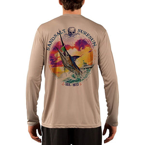 SAND.SALT.SURF.SUN. Blue Marlin Sunset Men's UPF 50+ UV Sun Protection Performance Long Sleeve T-Shirt