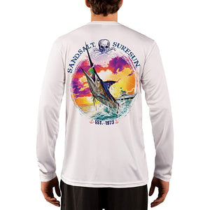 SAND.SALT.SURF.SUN. Blue Marlin Sunset Men's UPF 50+ UV Sun Protection Performance Long Sleeve T-Shirt