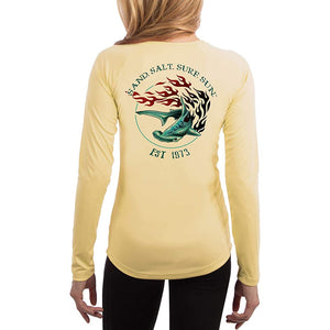 SAND.SALT.SURF.SUN. Flaming Shark Women's UPF 50+ UV Sun Protection Performance Long Sleeve T-Shirt