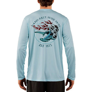 SAND.SALT.SURF.SUN. Flaming Shark Men's UPF 50+ UV Sun Protection Performance Long Sleeve T-Shirt