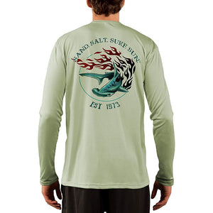 SAND.SALT.SURF.SUN. Flaming Shark Men's UPF 50+ UV Sun Protection Performance Long Sleeve T-Shirt