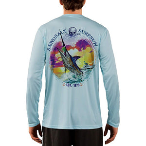SAND.SALT.SURF.SUN. Blue Marlin Sunset Men's UPF 50+ UV Sun Protection Performance Long Sleeve T-Shirt