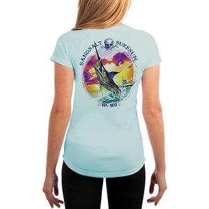 SAND.SALT.SURF.SUN. Blue Marlin Sunset Women's UPF 50+ UV Sun Protection Performance Short Sleeve T-Shirt