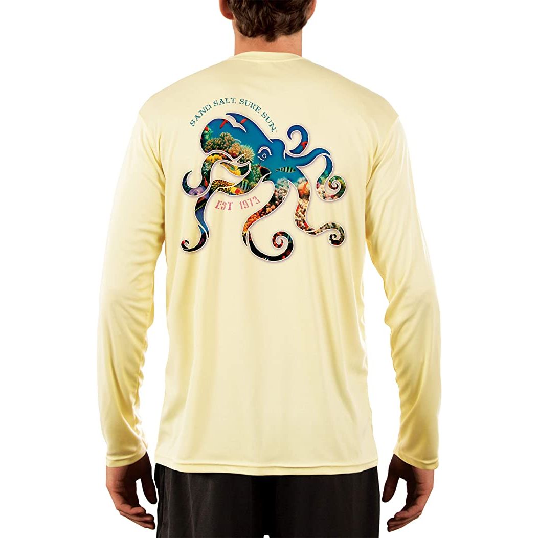 SAND.SALT.SURF.SUN. Coral Octopus Men's UPF 50+ UV Sun Protection Performance Long Sleeve T-Shirt Small / Pale Yellow