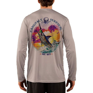 SAND.SALT.SURF.SUN. Blue Marlin Sunset Men's UPF 50+ UV Sun Protection Performance Long Sleeve T-Shirt