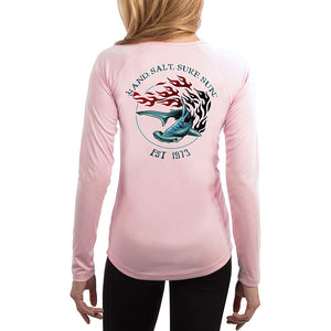 SAND.SALT.SURF.SUN. Flaming Shark Women's UPF 50+ UV Sun Protection Performance Long Sleeve T-Shirt