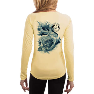 SAND.SALT.SURF.SUN. Shark Diver Attack Women's UPF 50+ UV Sun Protection Performance Long Sleeve T-Shirt