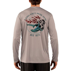 SAND.SALT.SURF.SUN. Flaming Shark Men's UPF 50+ UV Sun Protection Performance Long Sleeve T-Shirt
