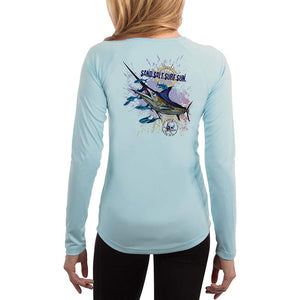 SAND.SALT.SURF.SUN. Blue Marlin Women's UPF 50+ UV Sun Protection Performance Long Sleeve T-Shirt