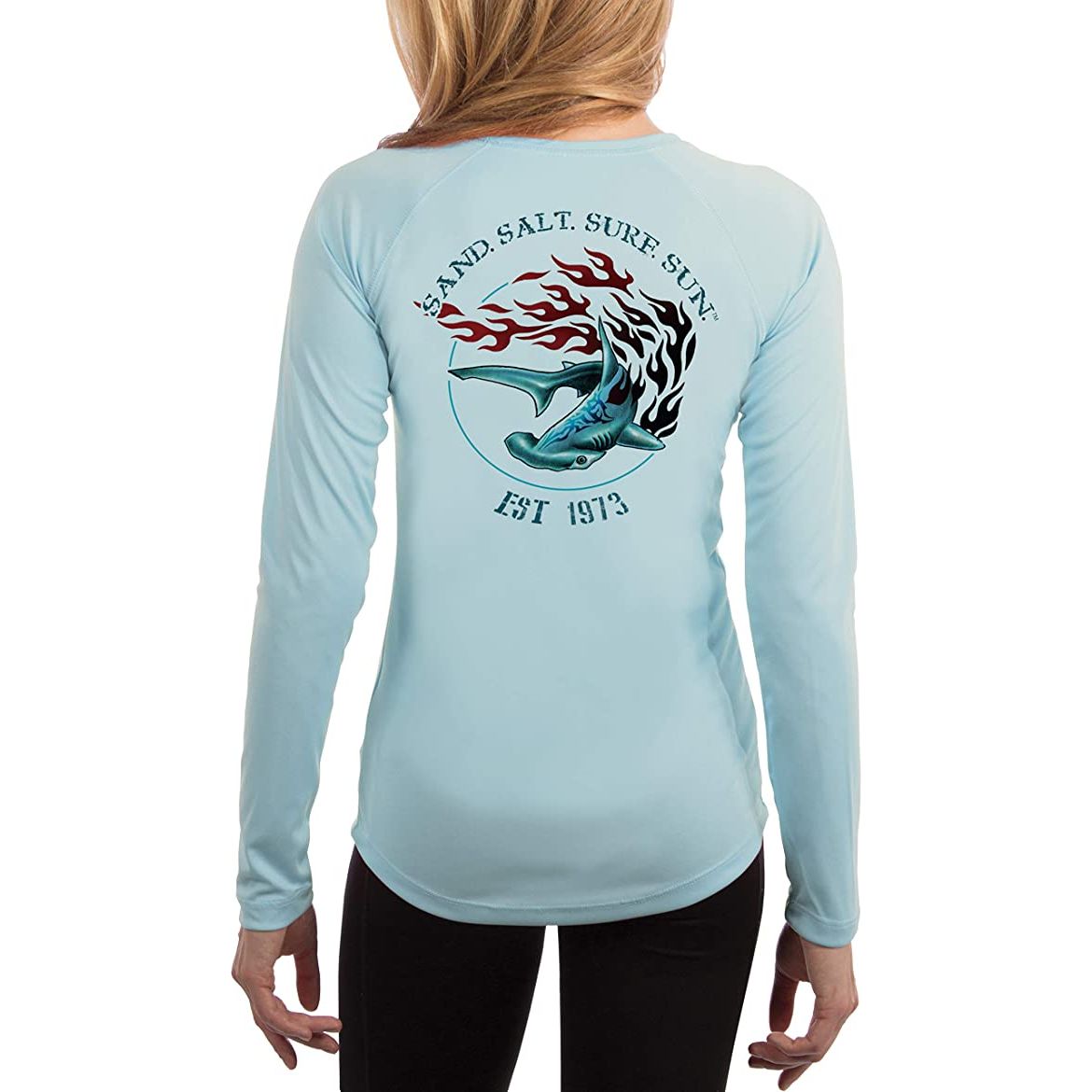 SAND.SALT.SURF.SUN. Flaming Shark Women's UPF 50+ UV Sun Protection Performance Long Sleeve T-Shirt Medium / Sea Foam