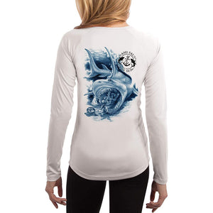 SAND.SALT.SURF.SUN. Shark Diver Attack Women's UPF 50+ UV Sun Protection Performance Long Sleeve T-Shirt