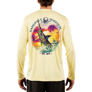 SAND.SALT.SURF.SUN. Blue Marlin Sunset Men's UPF 50+ UV Sun Protection Performance Long Sleeve T-Shirt