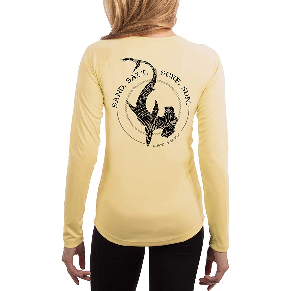 SAND.SALT.SURF.SUN. Dolphin Tribal Women's UPF 50+ UV Sun Protection Performance Long Sleeve T-Shirt Large / Canary Yellow