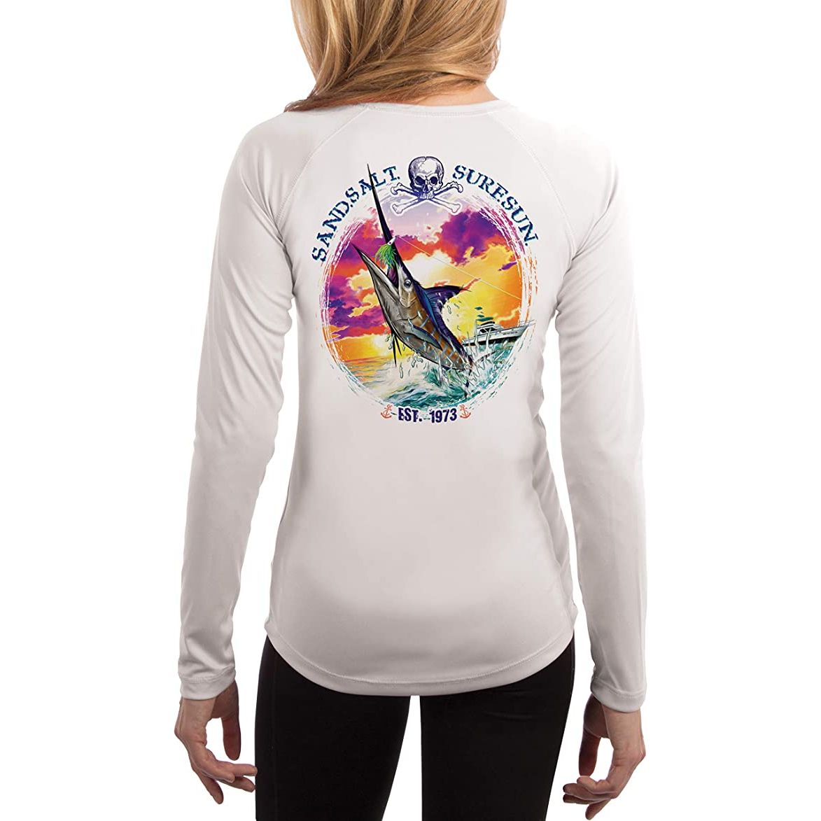 SAND.SALT.SURF.SUN. Blue Marlin Sunset Women's UPF 50+ UV Sun Protection Performance Long Sleeve T-Shirt X-Large / White