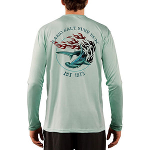 SAND.SALT.SURF.SUN. Flaming Shark Men's UPF 50+ UV Sun Protection Performance Long Sleeve T-Shirt