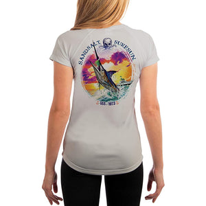SAND.SALT.SURF.SUN. Blue Marlin Sunset Women's UPF 50+ UV Sun Protection Performance Short Sleeve T-Shirt
