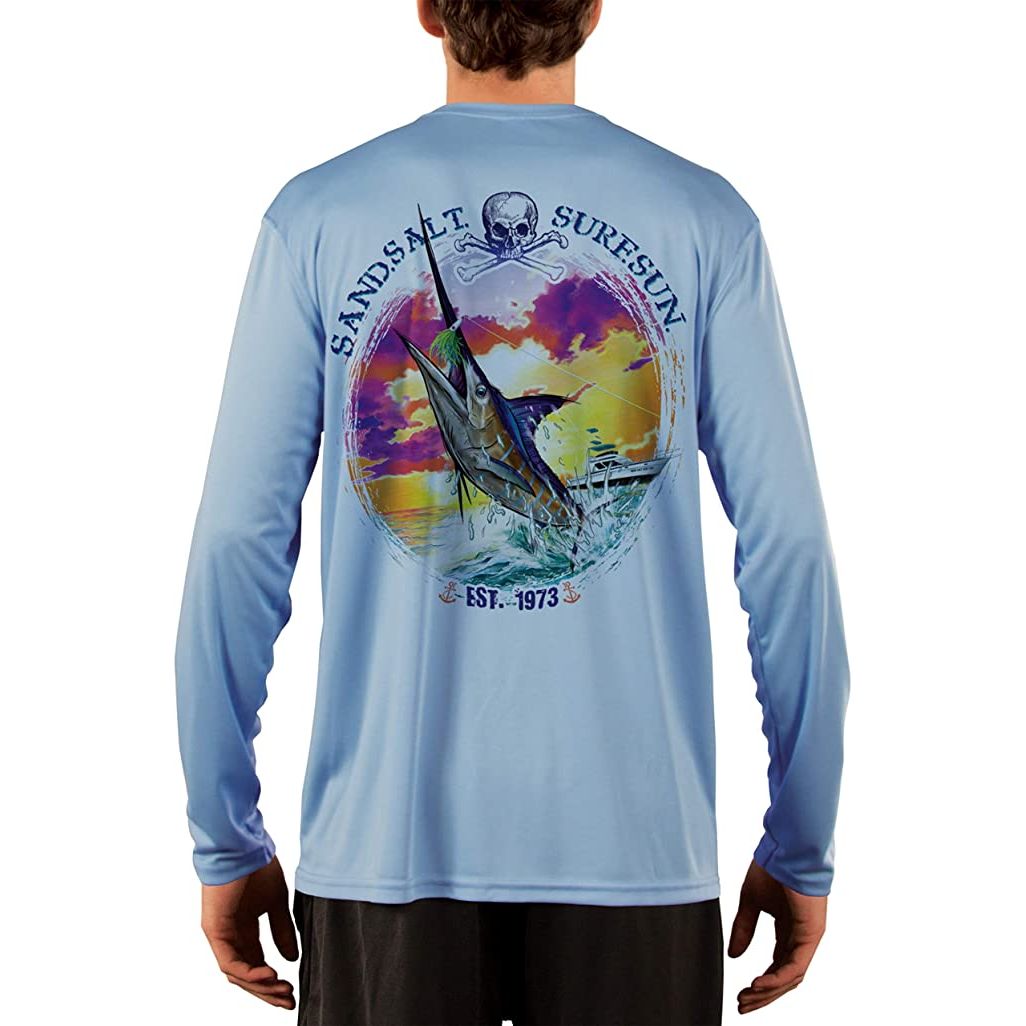 SAND.SALT.SURF.SUN. Blue Marlin Sunset Men's UPF 50+ UV Sun Protection Performance Long Sleeve T-Shirt Large / Columbia Blue
