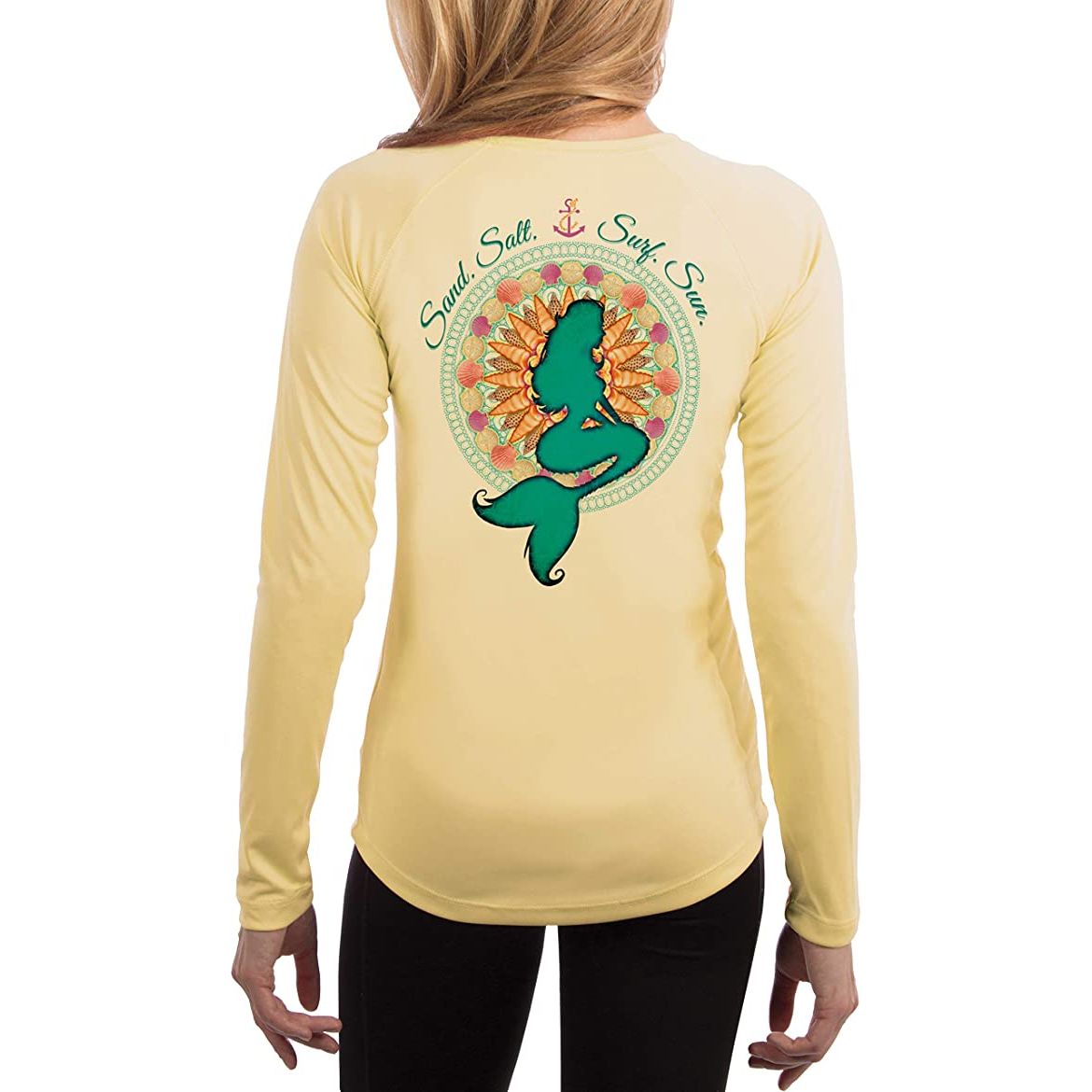 SAND.SALT.SURF.SUN. Mermaid Shells Women's UPF 50+ UV Sun Protection Performance Long Sleeve T-Shirt Small / Canary Yellow