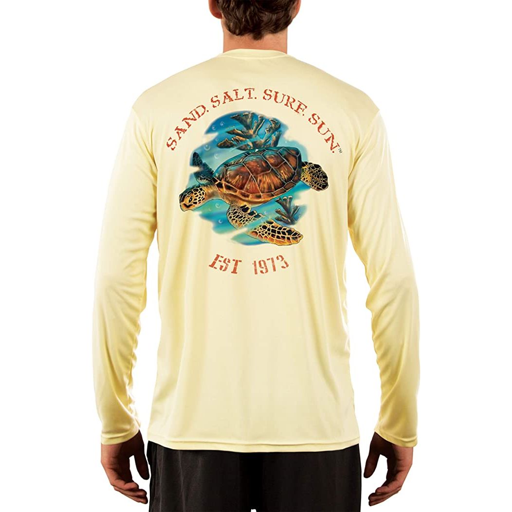 SAND.SALT.SURF.SUN. Sea Turtle Men's UPF 50+ UV Sun Protection Performance Long Sleeve T-Shirt Large / Pale Yellow