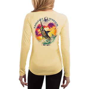 SAND.SALT.SURF.SUN. Blue Marlin Sunset Women's UPF 50+ UV Sun Protection Performance Long Sleeve T-Shirt