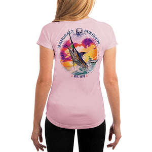 SAND.SALT.SURF.SUN. Blue Marlin Sunset Women's UPF 50+ UV Sun Protection Performance Short Sleeve T-Shirt