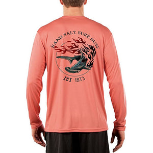 SAND.SALT.SURF.SUN. Flaming Shark Men's UPF 50+ UV Sun Protection Performance Long Sleeve T-Shirt