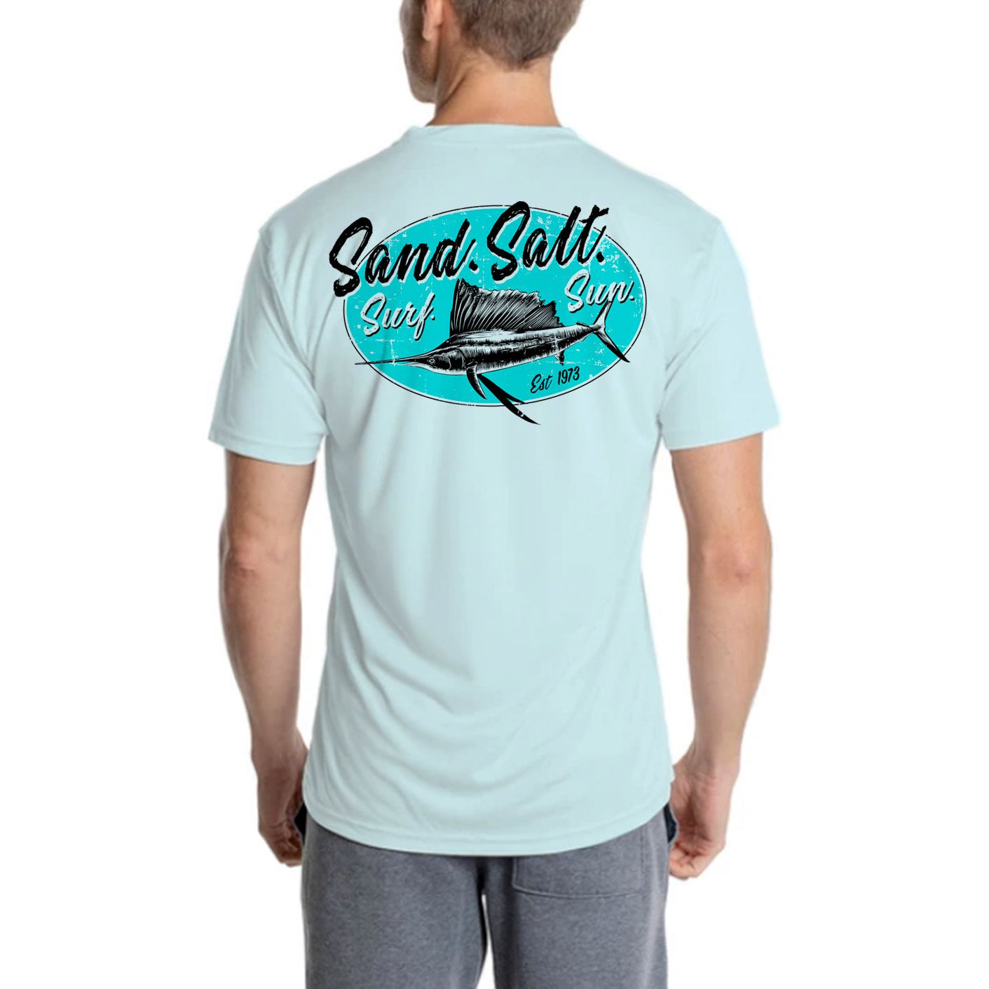 SAND.SALT.SURF.SUN. Marlin Logo Men's UPF 50+ UV Sun Protection Performance Short Sleeve T-Shirt X-Large / Arctic Blue