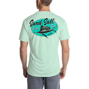 SAND.SALT.SURF.SUN. Marlin Logo Men's UPF 50+ UV Sun Protection Performance Short Sleeve T-Shirt