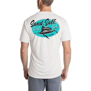 SAND.SALT.SURF.SUN. Marlin Logo Men's UPF 50+ UV Sun Protection Performance Short Sleeve T-Shirt