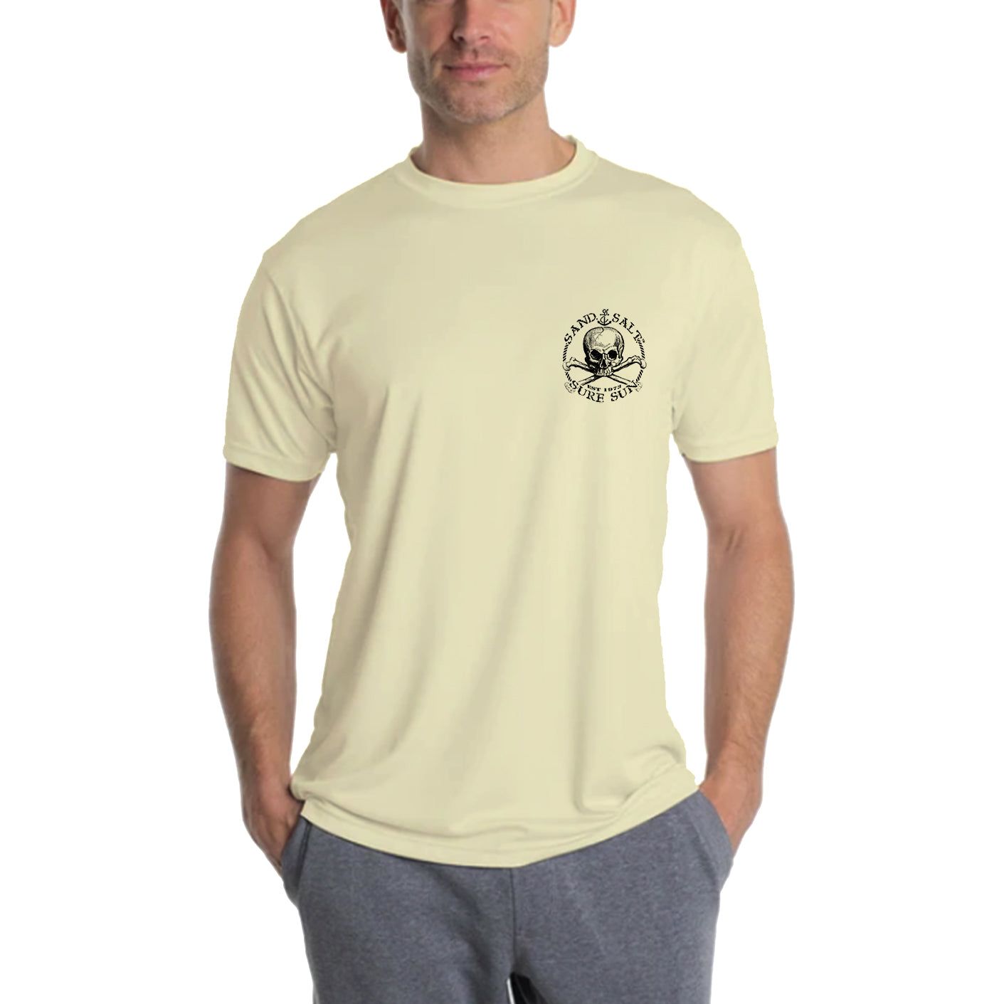 SAND.SALT.SURF.SUN. Marlin Logo Men's UPF 50+ UV Sun Protection Performance Short Sleeve T-Shirt Medium / Pale Yellow